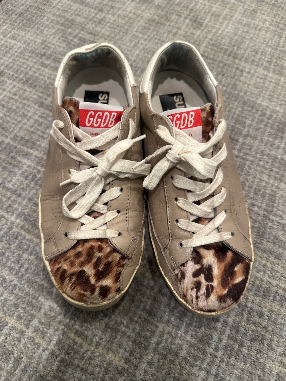 Golden Goose Beige Leather Sneakers with Leopard Toe